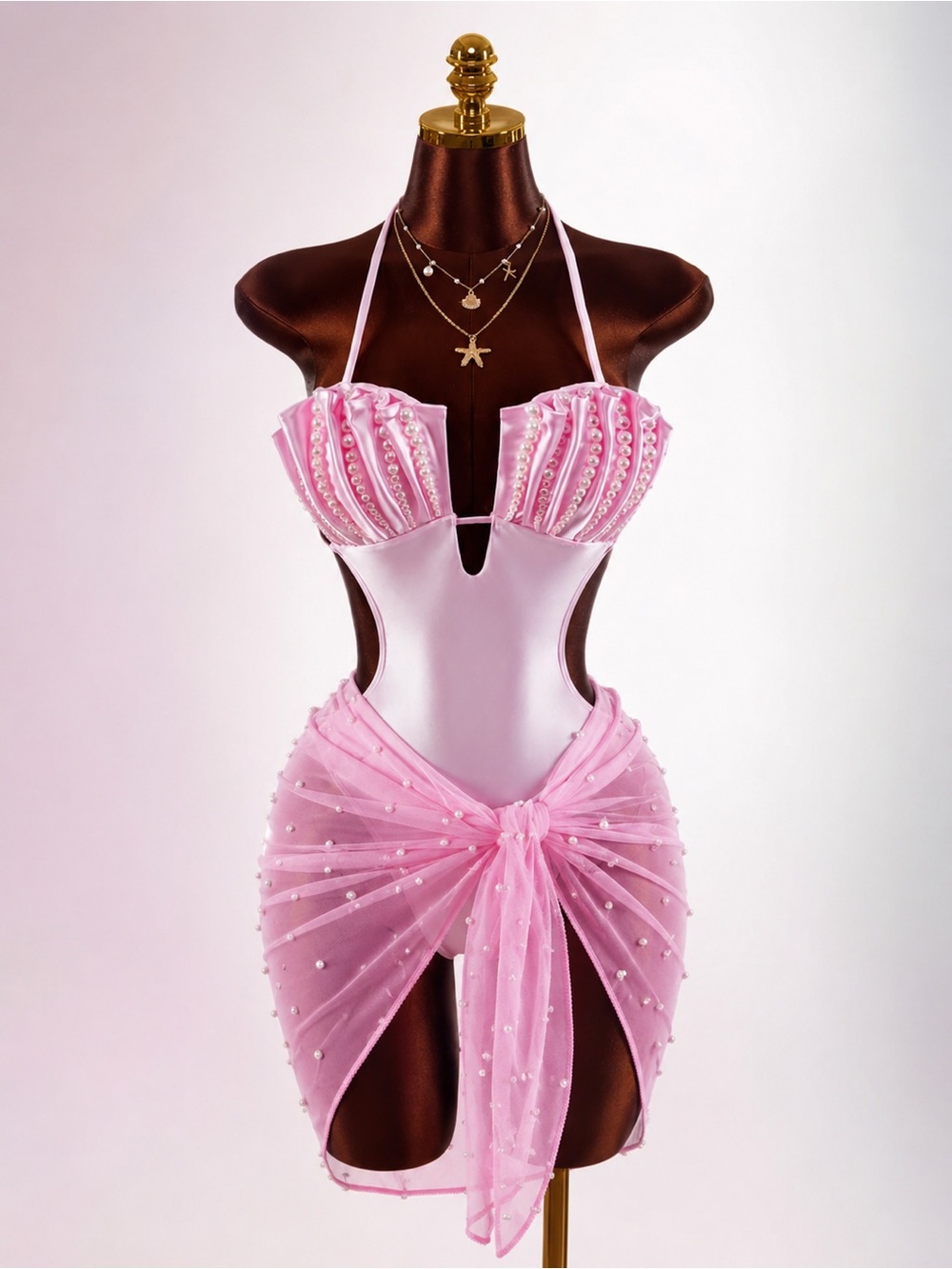Brand new Pink Pearl-Embellished Mermaid Bodysuit & Sarong Set - with necklace